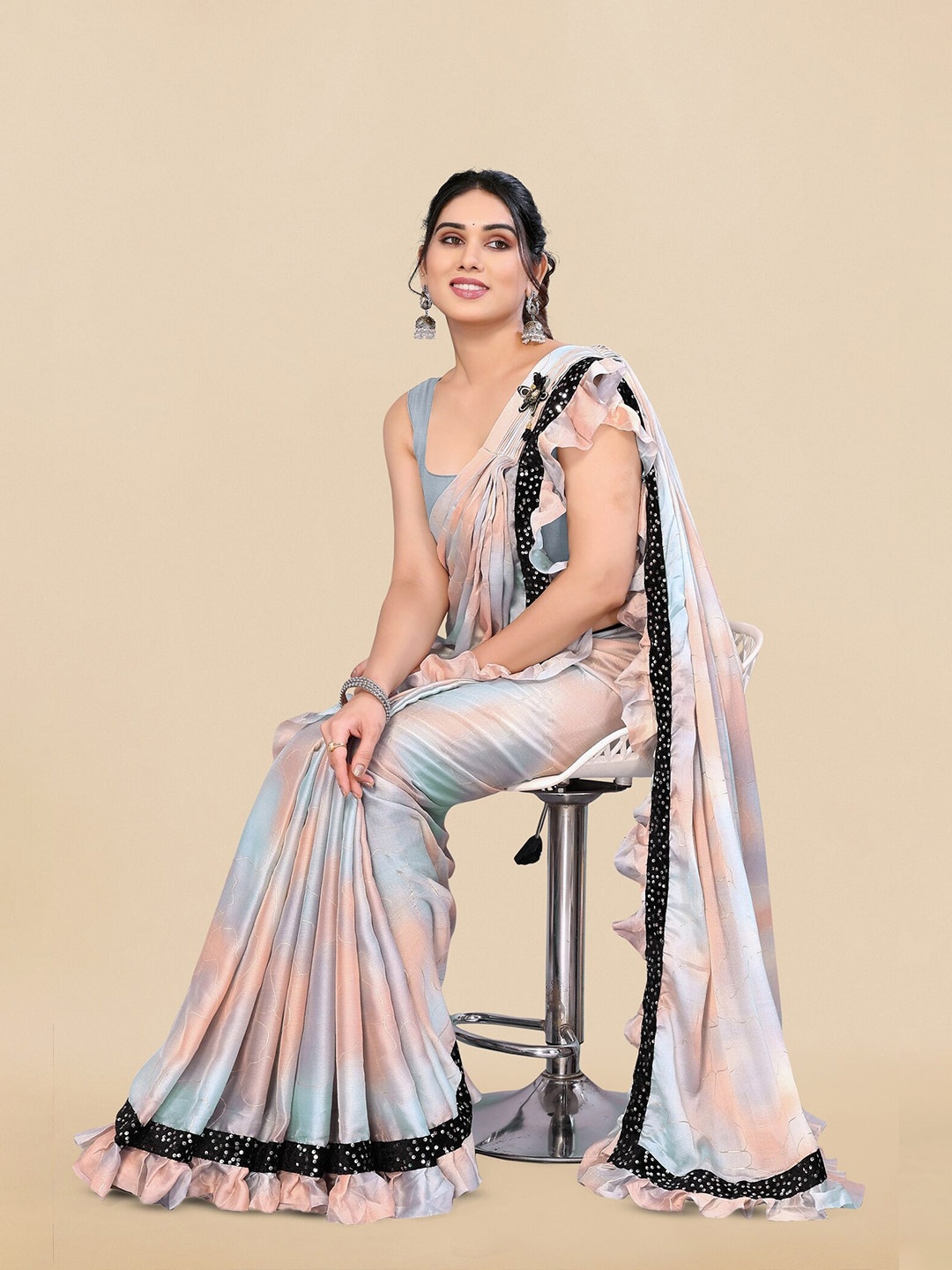 

KALINI Tie and Dye Ruffles Embellished Sequinned Saree, Grey