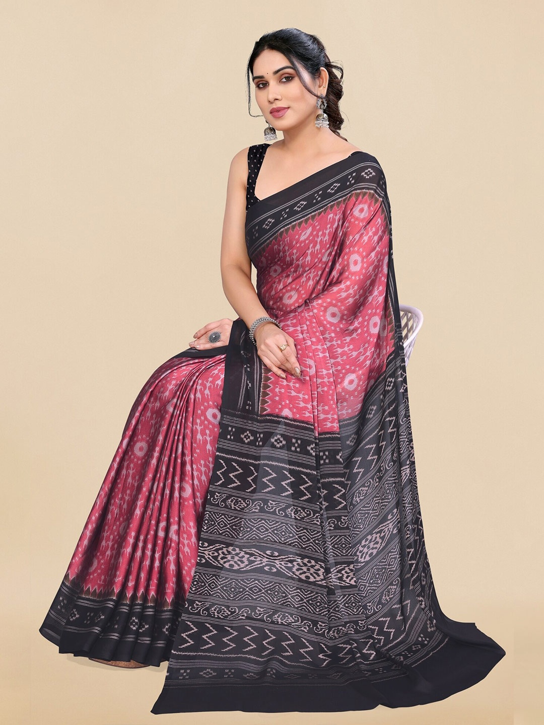 

KALINI Pink & Black Printed Chiffon Saree