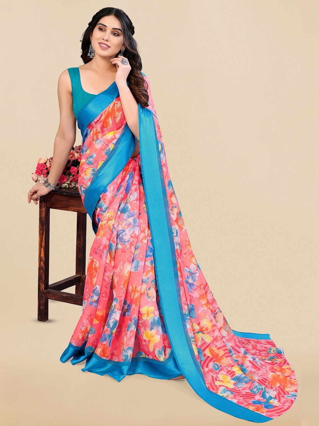 

KALINI Coral & Turquoise Blue Floral Printed Saree