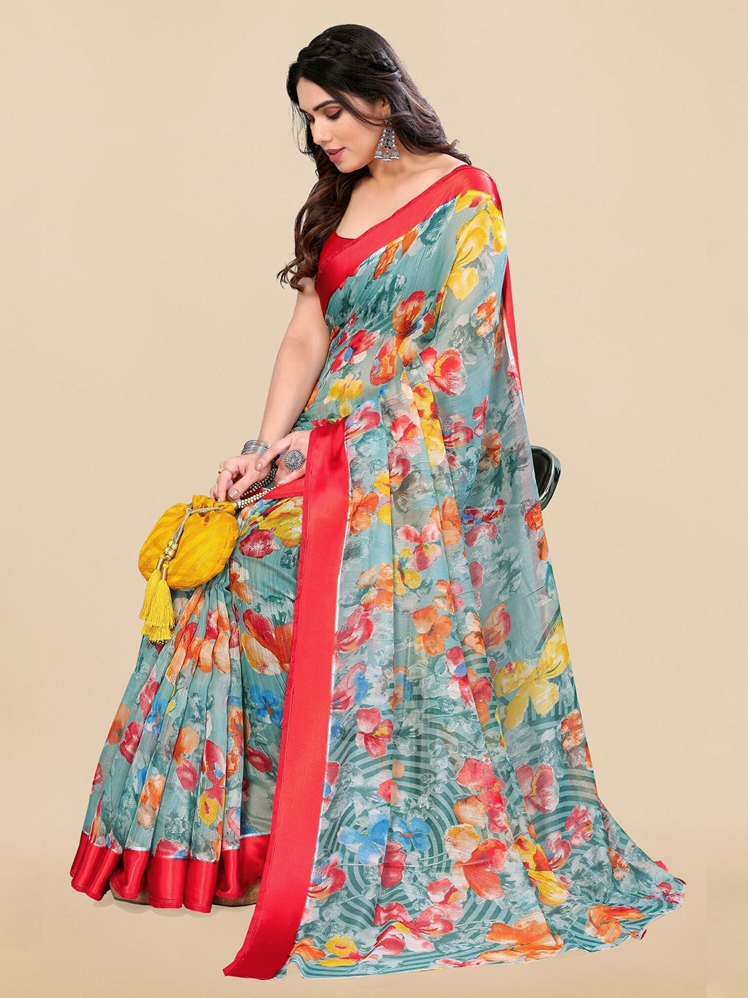 

KALINI Floral Printed Saree, Teal