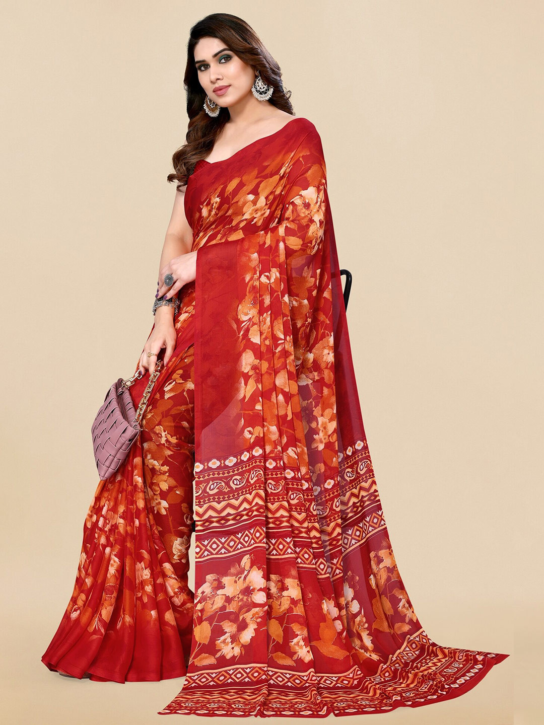 

KALINI Floral Printed Saree, Red