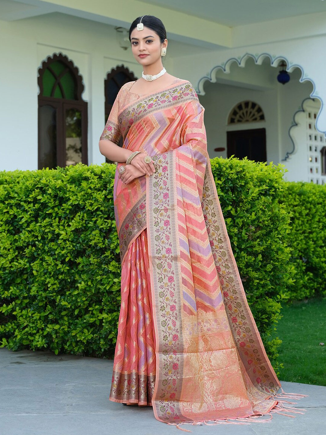 

GAJARAI Strped Woven Design Zari Organza Saree, Pink