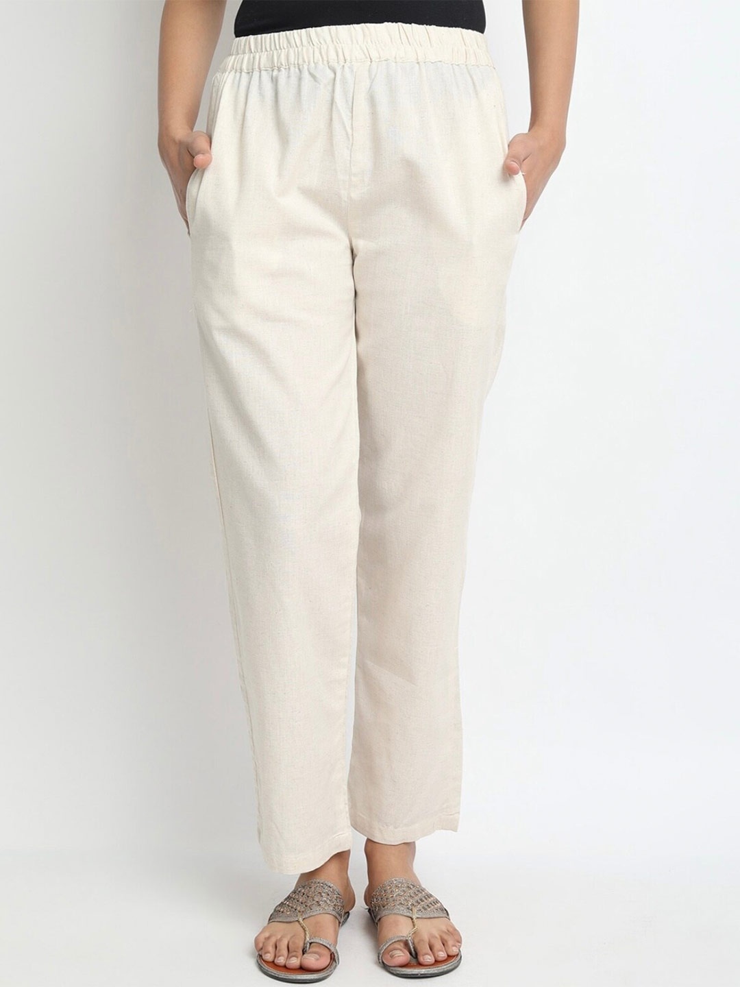 

BCZ Style Women Relaxed Mid Rise Cotton Trousers, Cream