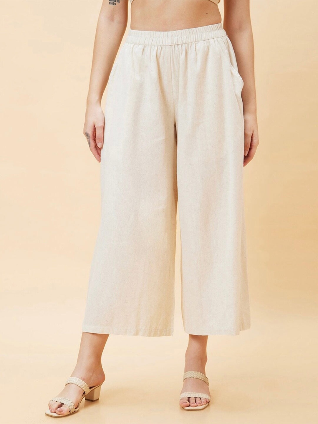 

BCZ Style Flared Wide Leg Cotton Palazzo, Cream