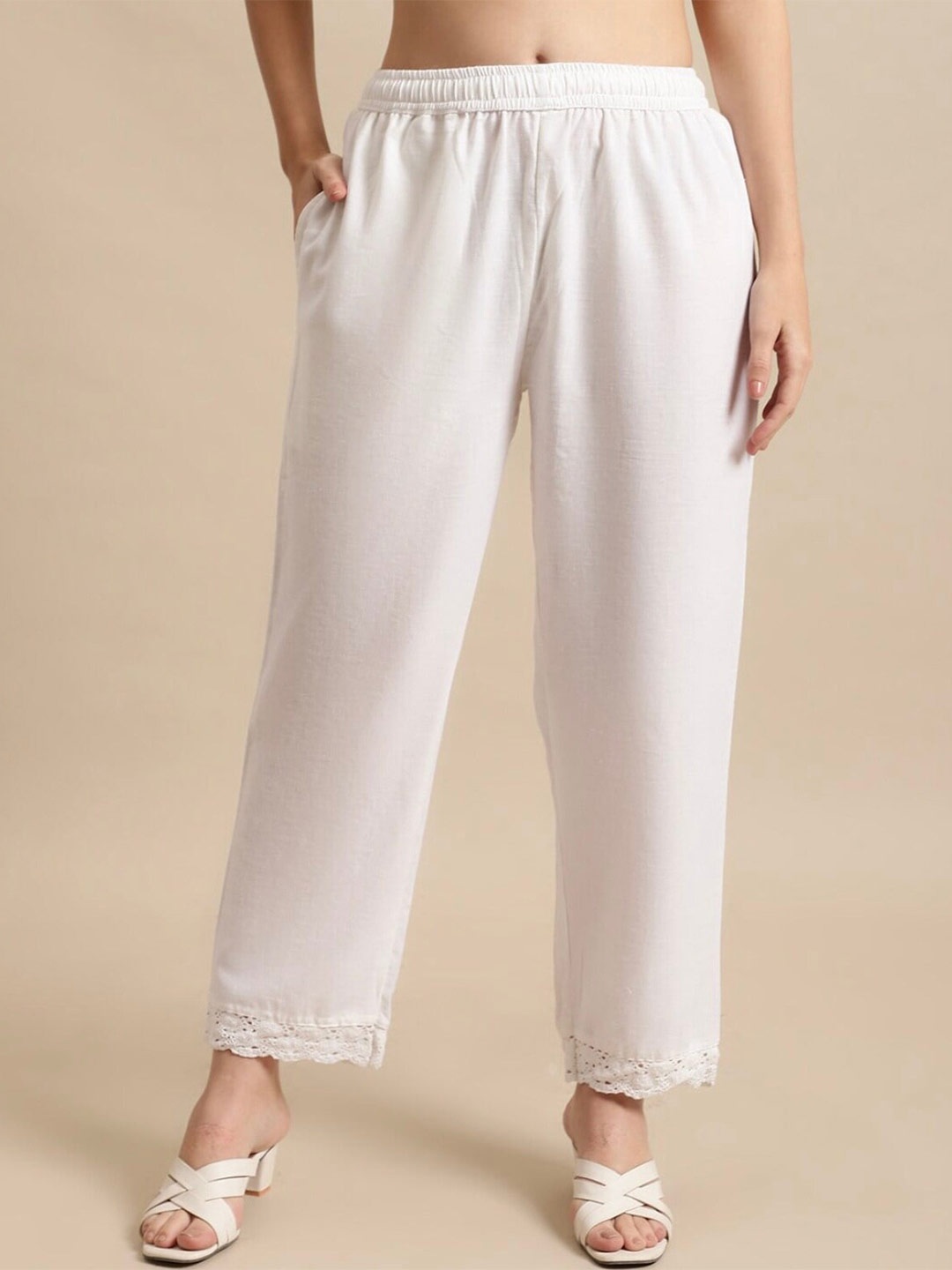 

BCZ Style Floral Hem Design Flared Ethnic Palazzo, White
