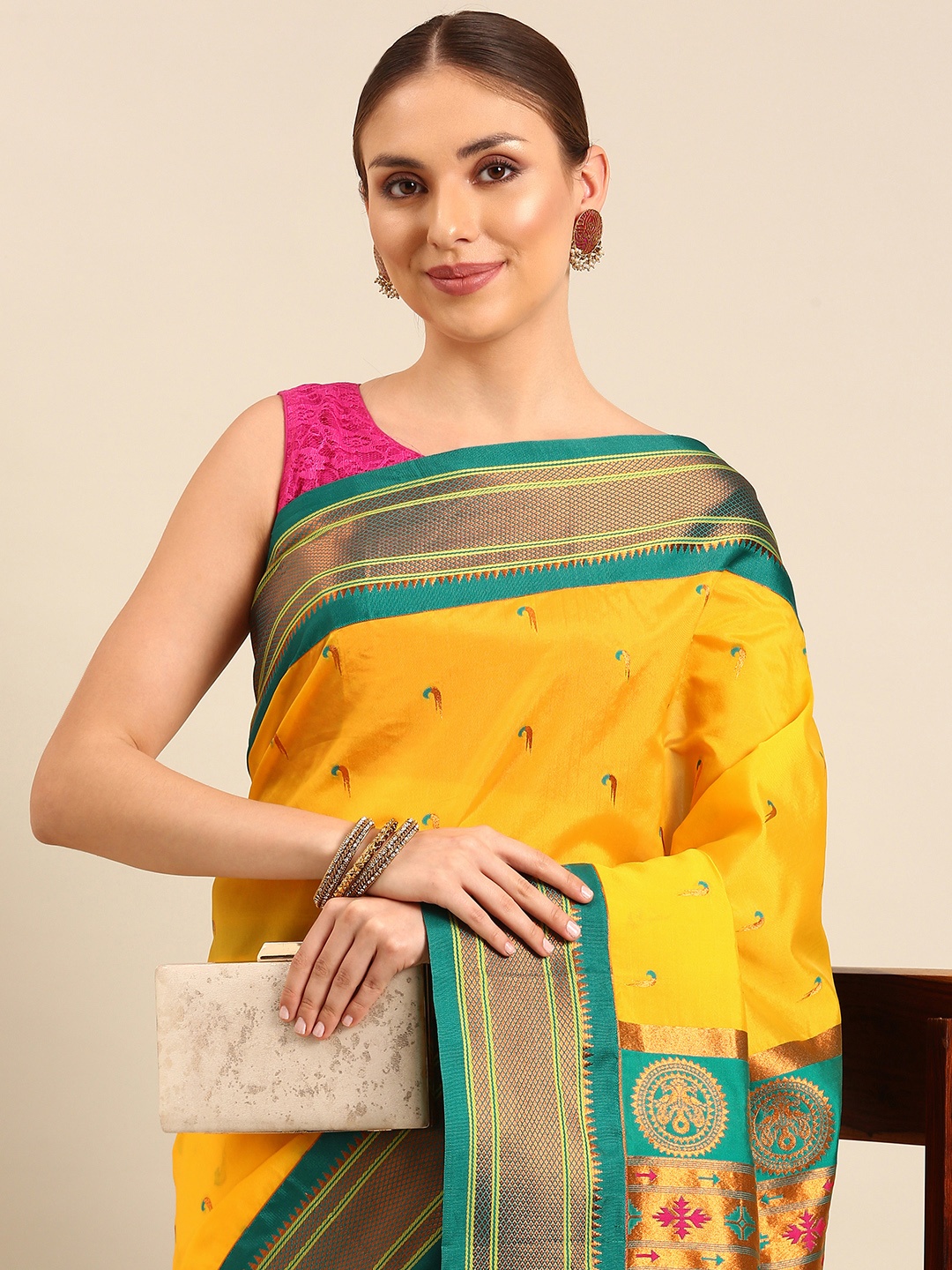 

Varkala Silk Sarees Ethnic Motifs Zari Paithani Saree, Mustard