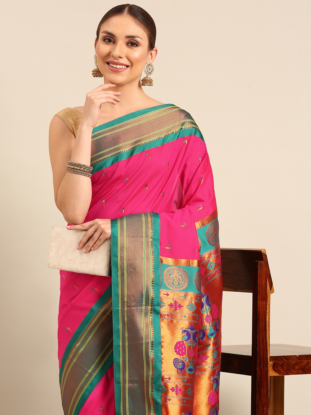 

Varkala Silk Sarees Ethnic Motifs Zari Paithani Saree, Pink