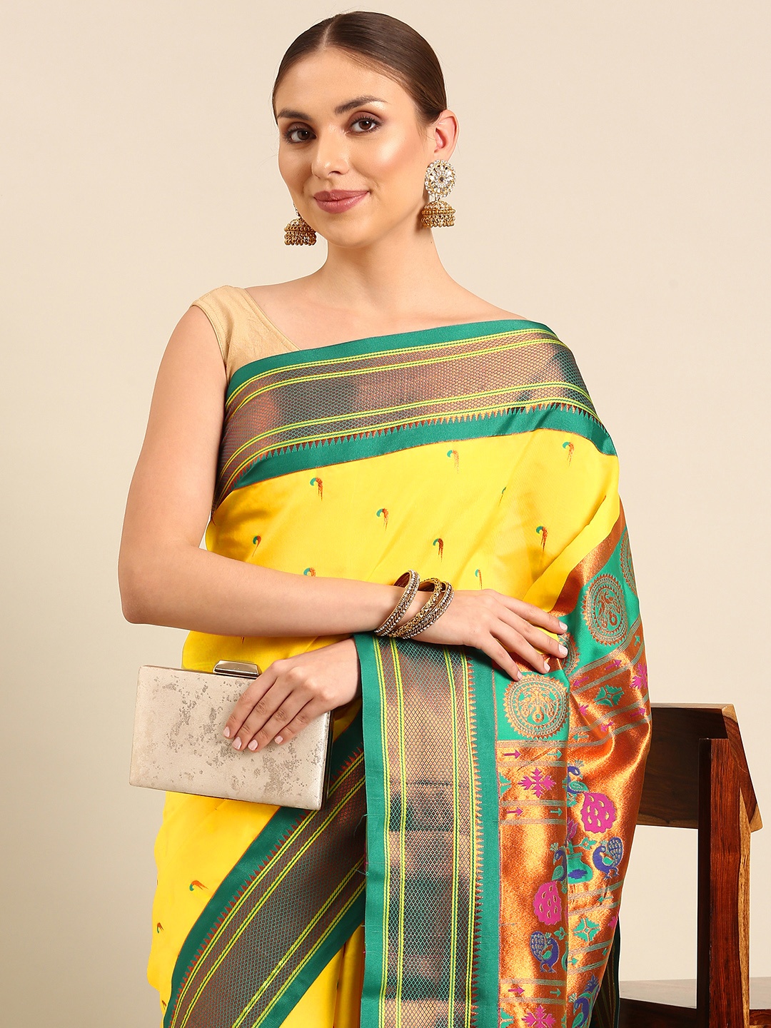 

Varkala Silk Sarees Ethnic Motifs Zari Paithani Saree, Gold