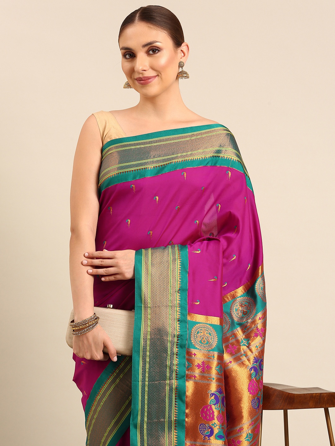 

Varkala Silk Sarees Ethnic Motifs Zari Paithani Saree, Magenta