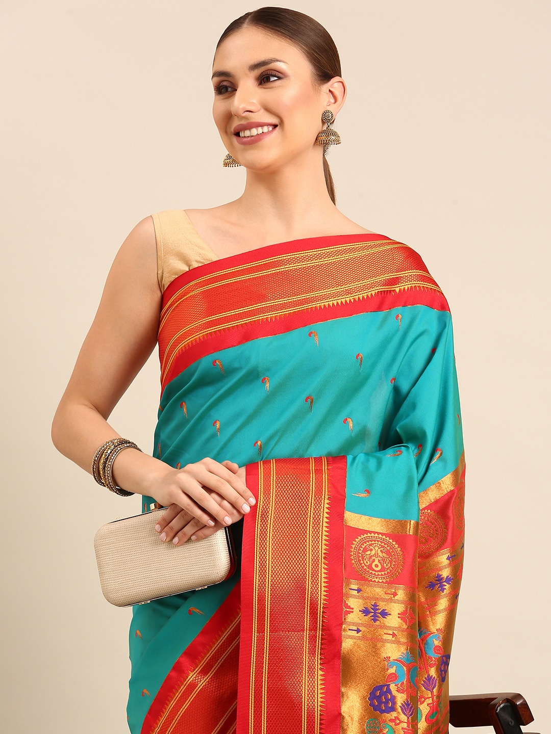 

Varkala Silk Sarees Ethnic Motifs Zari Paithani Saree, Turquoise blue