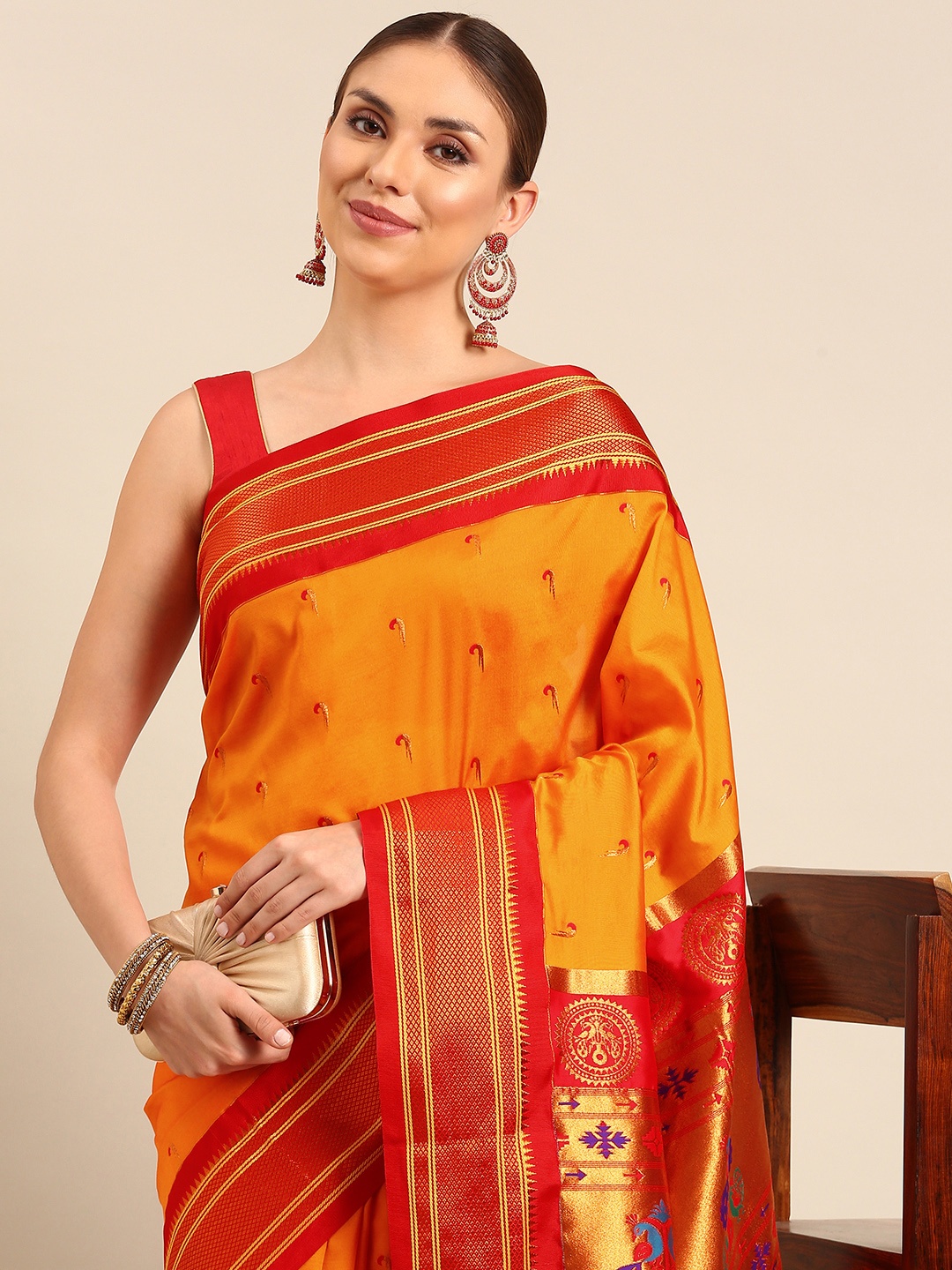 

Varkala Silk Sarees Ethnic Motifs Zari Paithani Saree, Orange