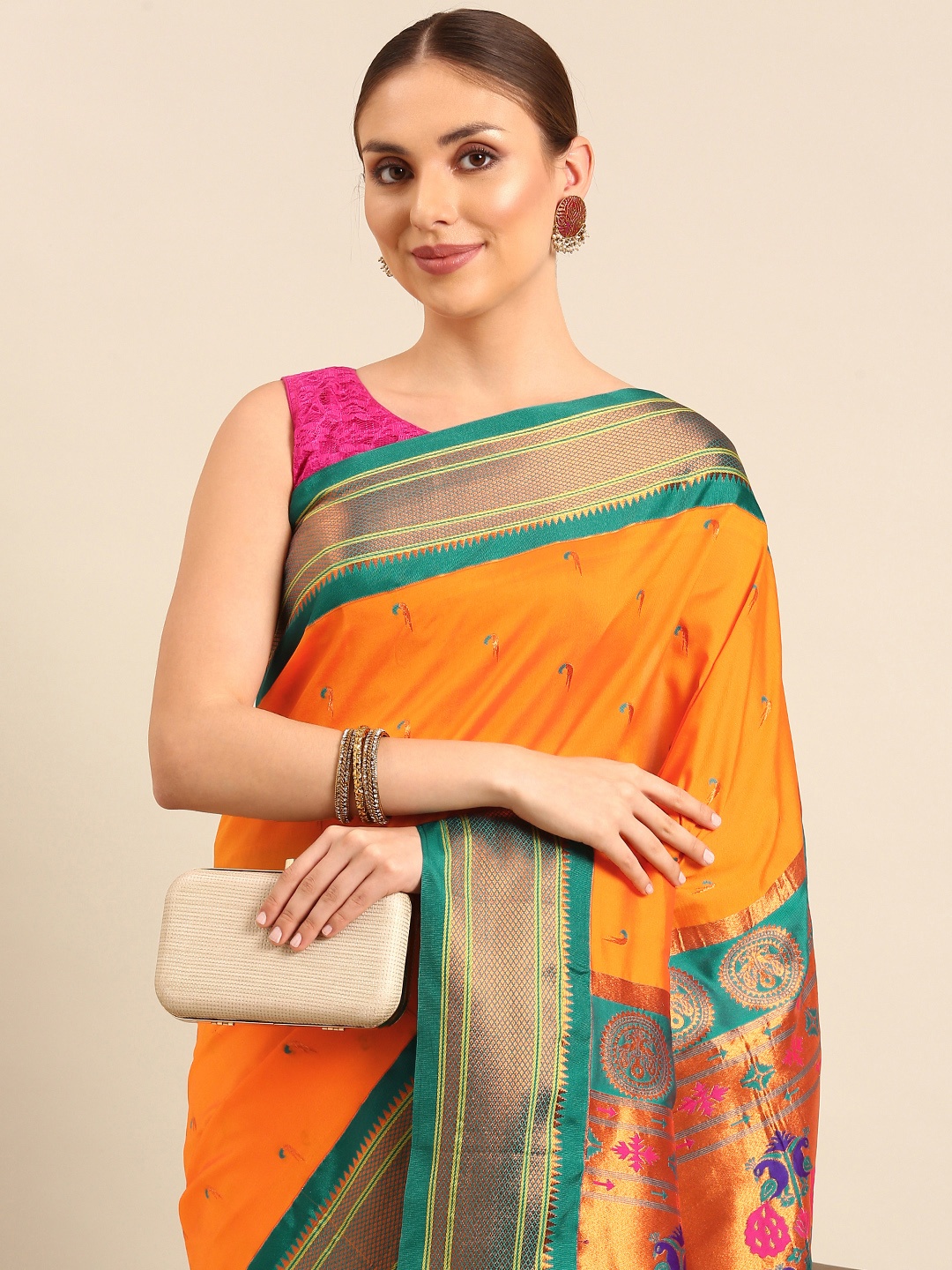 

Varkala Silk Sarees Ethnic Motifs Zari Paithani Saree, Orange