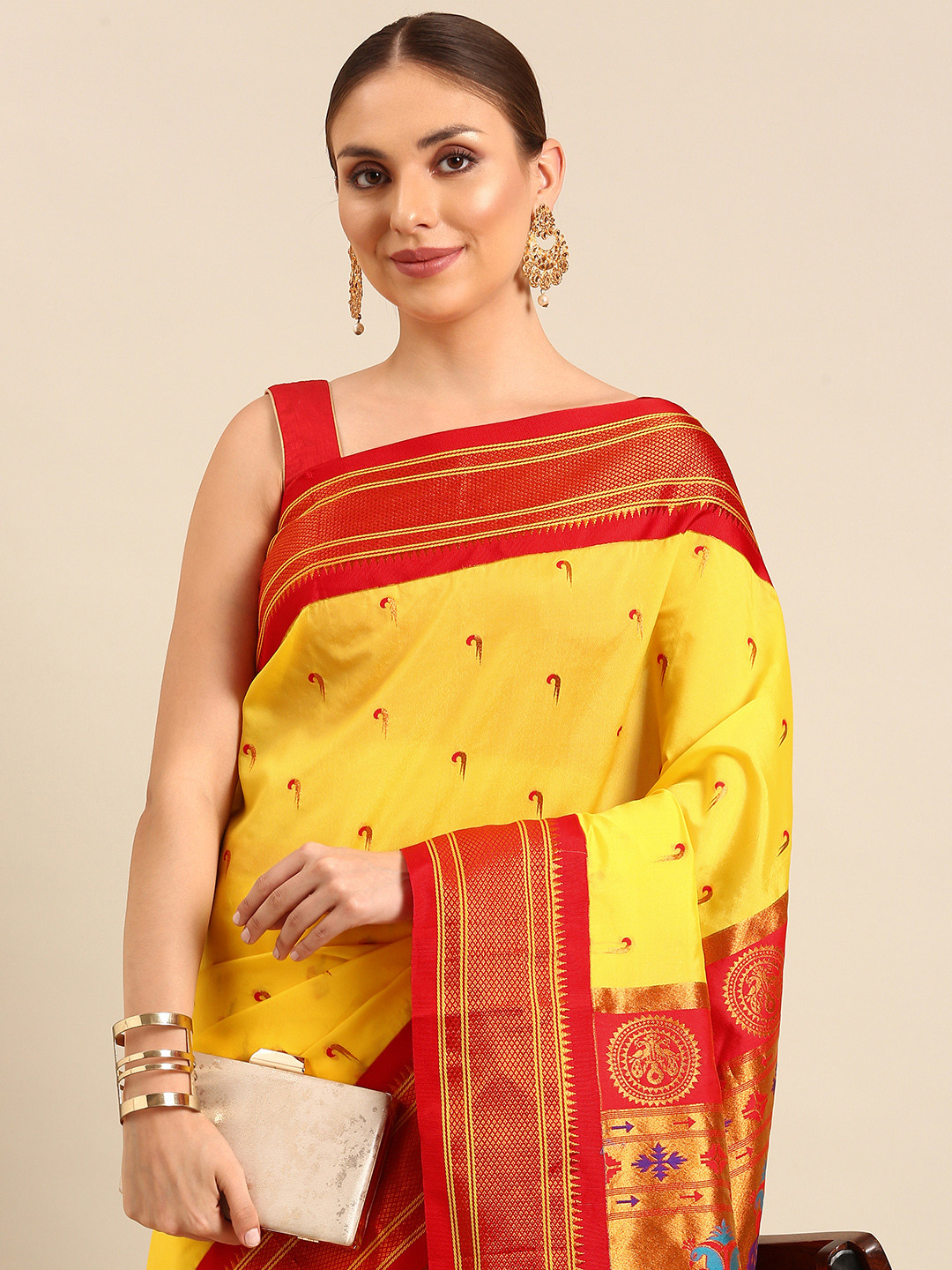 

Varkala Silk Sarees Ethnic Motifs Zari Paithani Saree, Gold