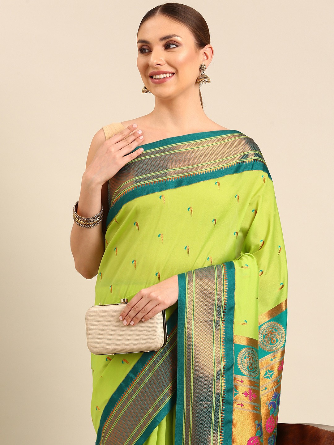 

Varkala Silk Sarees Ethnic Motifs Zari Paithani Saree, Fluorescent green