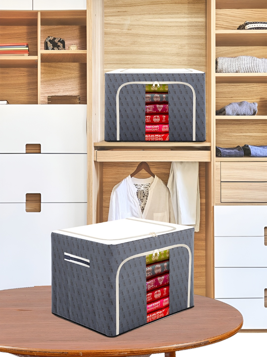 

Kuber Industries Grey & White Printed Foldable Cloth Organiser