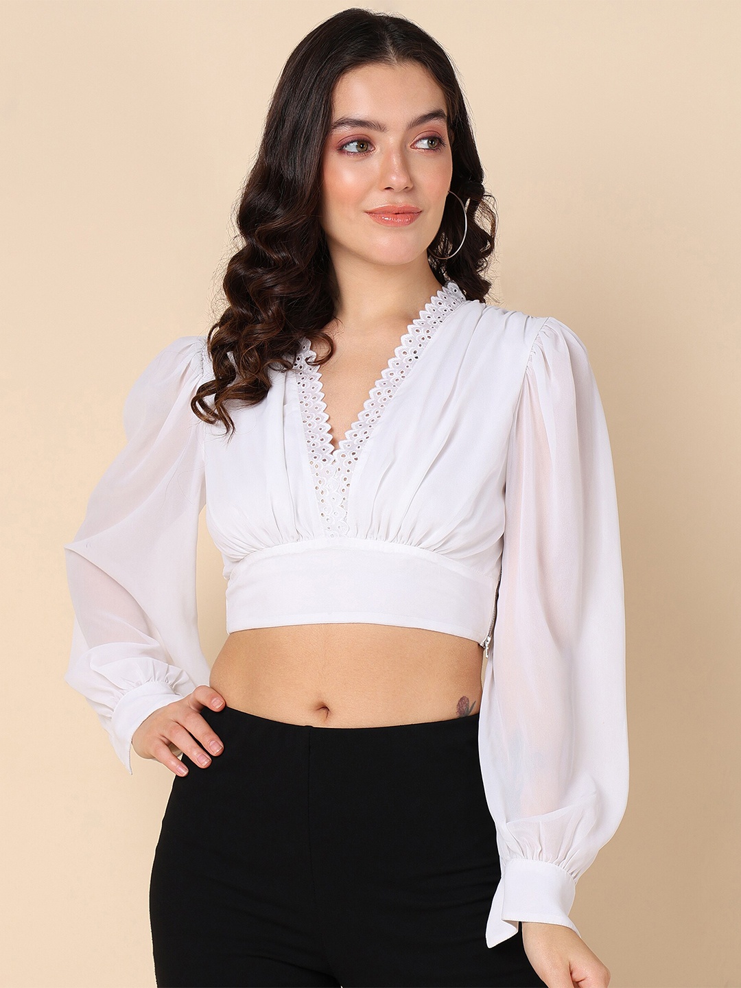 

Adyavastram Embellished Opaque V-Neck Casual Crop Top, White