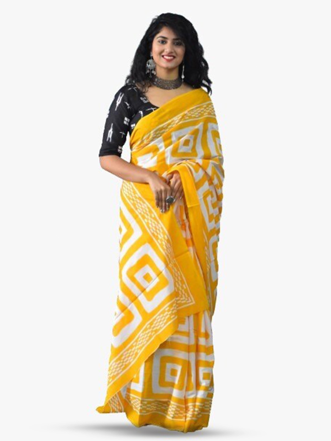 

TROPWEAR Geometric Patterned Pure Cotton Ikat Saree, Yellow