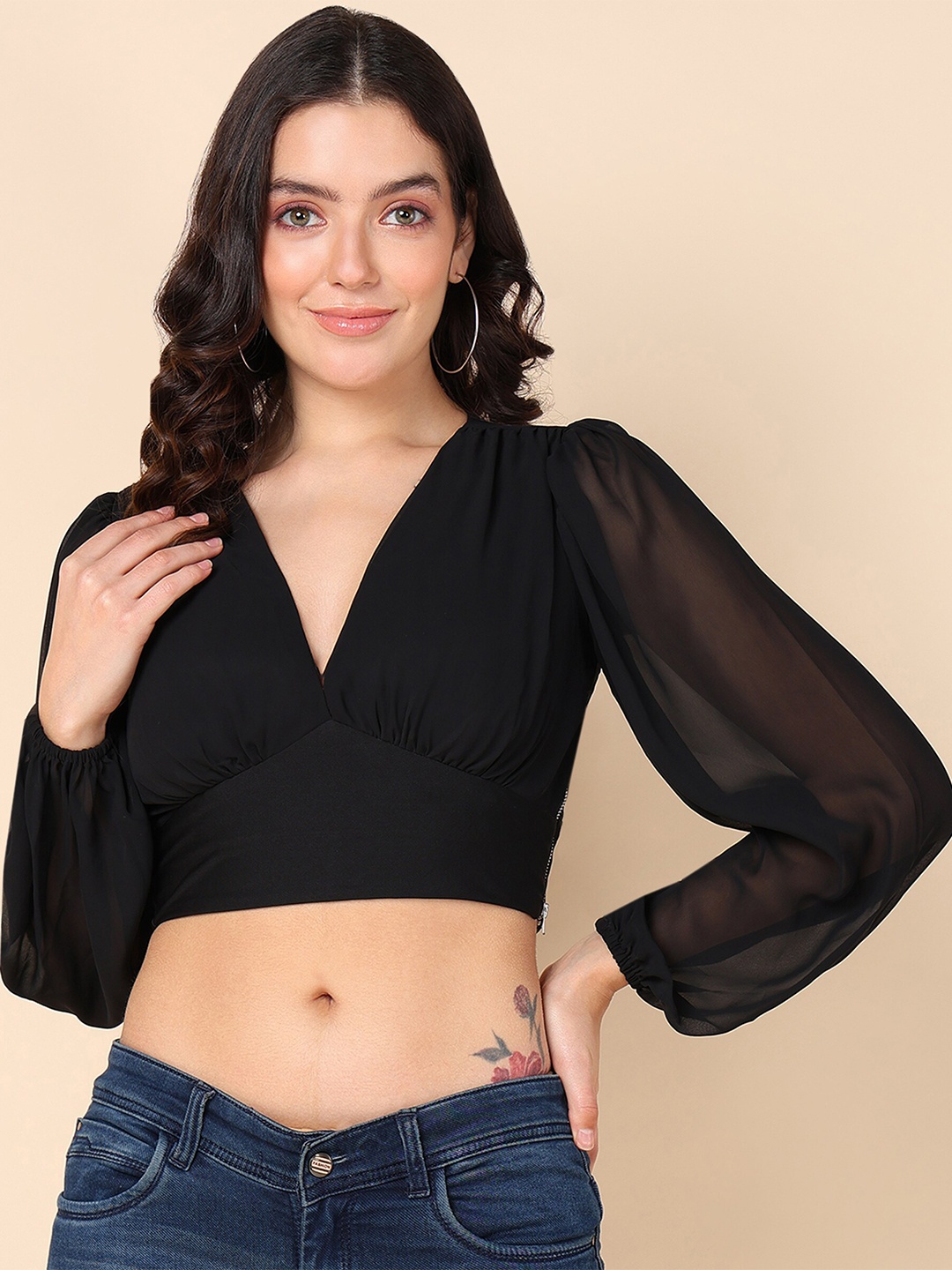 

Adyavastram Embellished Opaque V-Neck Casual Crop Top, Black