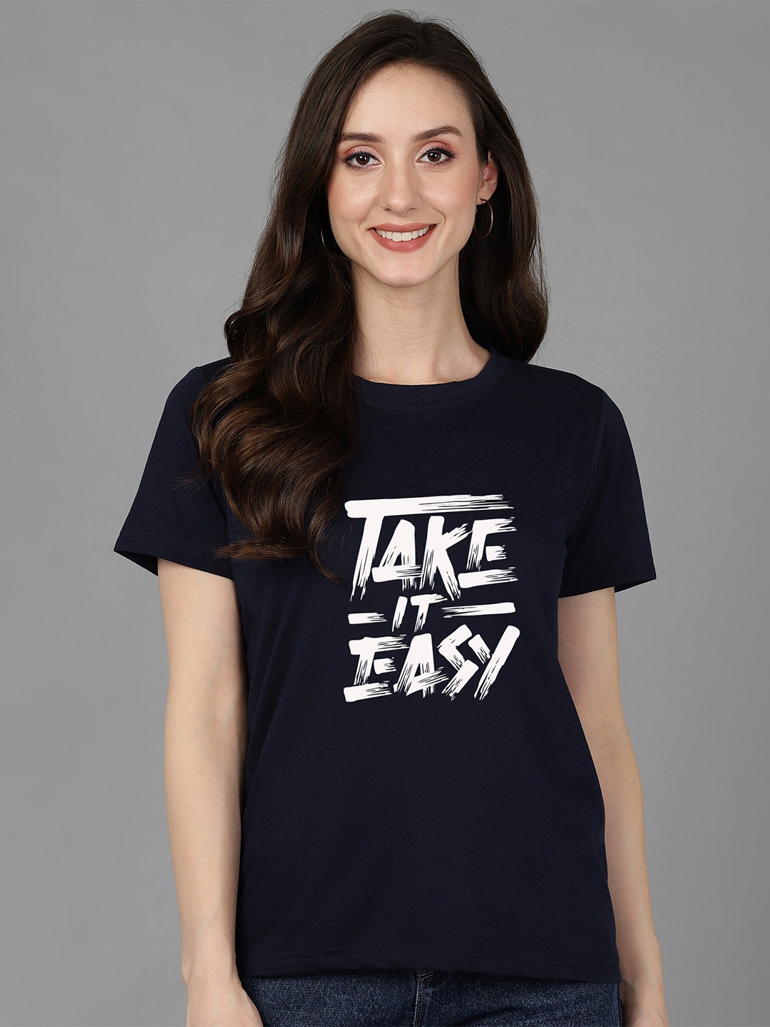 

Adyavastram Typography Printed Round Neck Cotton T-shirt, Navy blue
