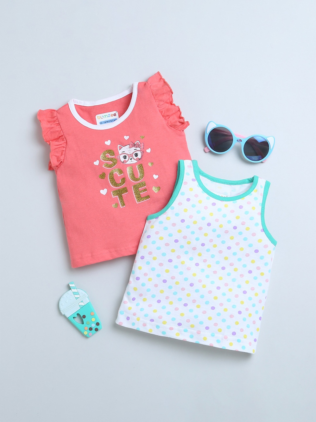 BUMZEE Girls Polka Dot 2 Printed Round Neck Applique T-shirt, Coral