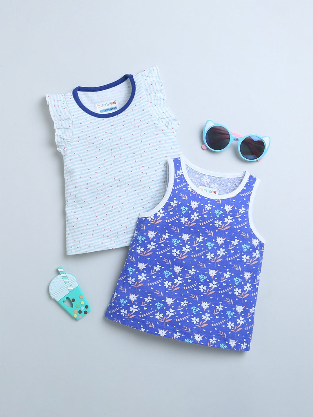 

BUMZEE Girls 2 Floral Printed Round Neck T-shirt, Blue