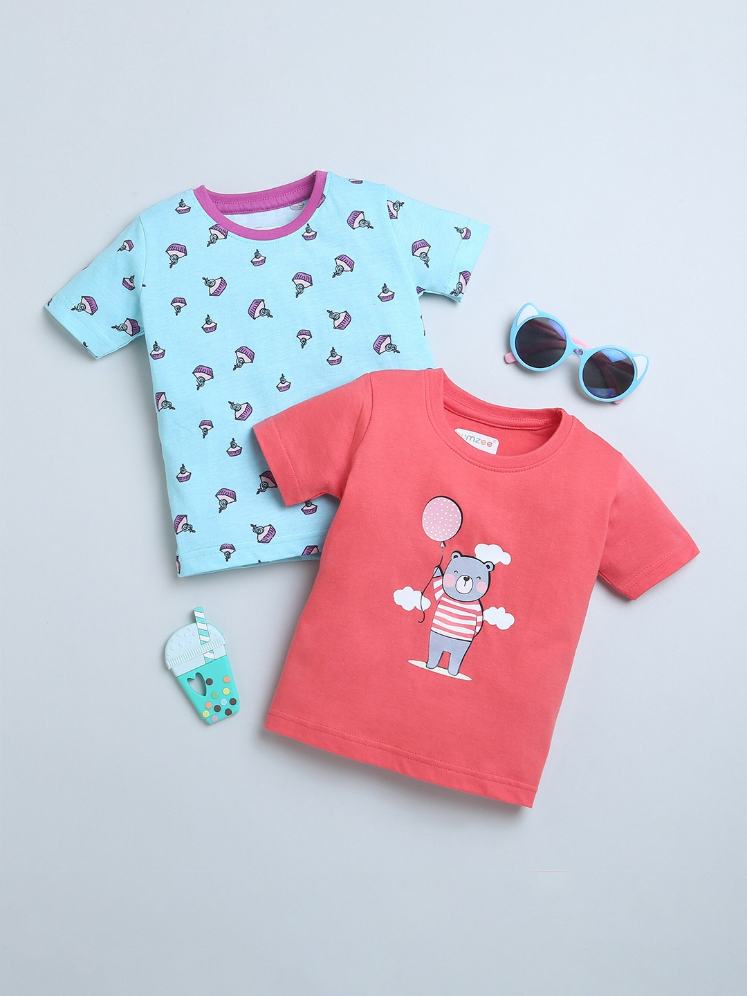 

BUMZEE Girls 2 Printed Round Neck Applique T-shirt, Coral