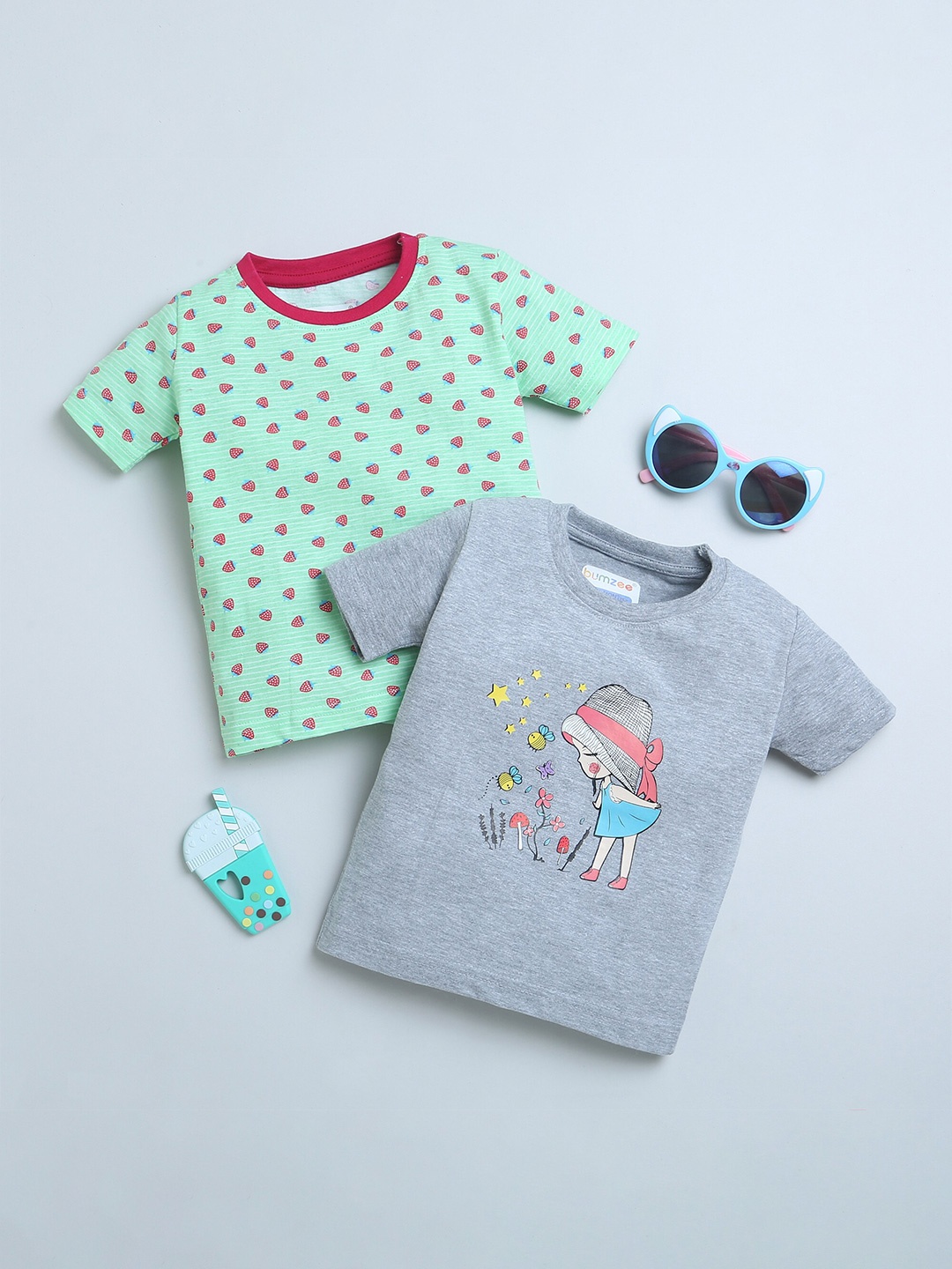 

BUMZEE Girls 2 Printed Round Neck Applique T-shirt, Green
