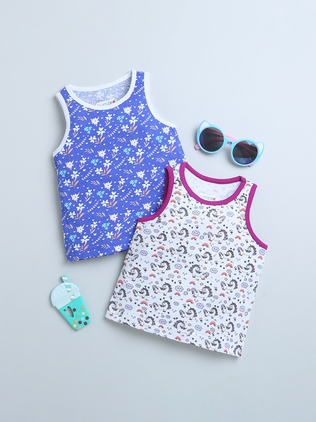 

BUMZEE Girls 2 Printed Round Neck Applique T-shirt, Blue