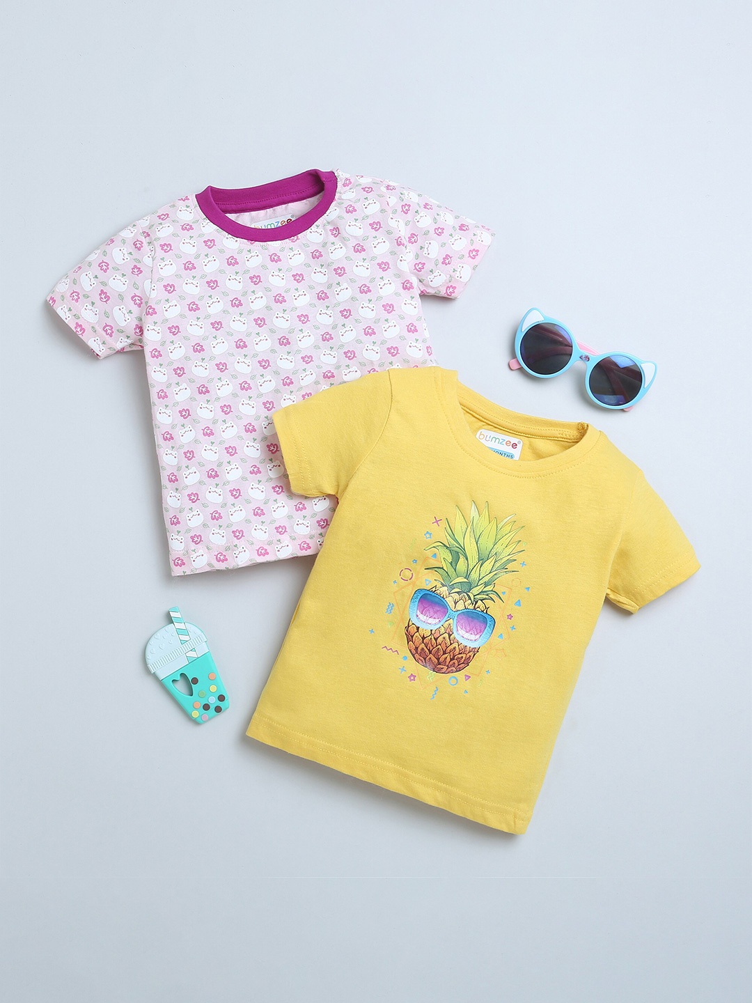 

BUMZEE Girls Pack Of 2 Printed Cotton T-Shirts, Pink