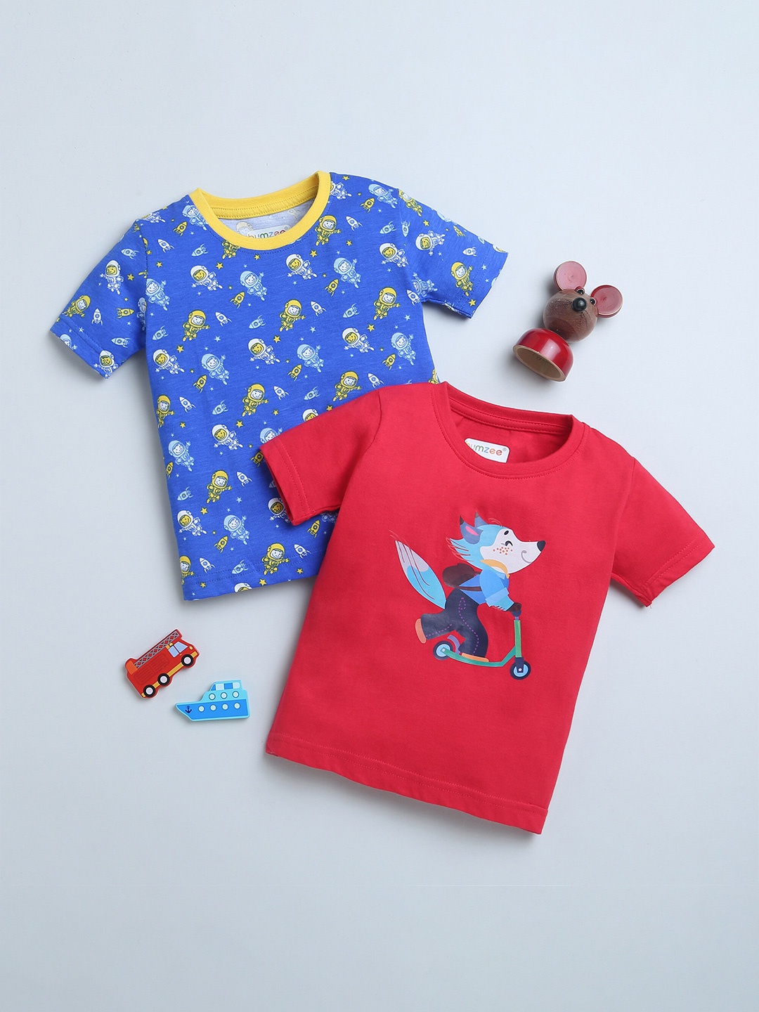 

BUMZEE Boys Pack Of 2 Printed Cotton T-Shirts, Blue
