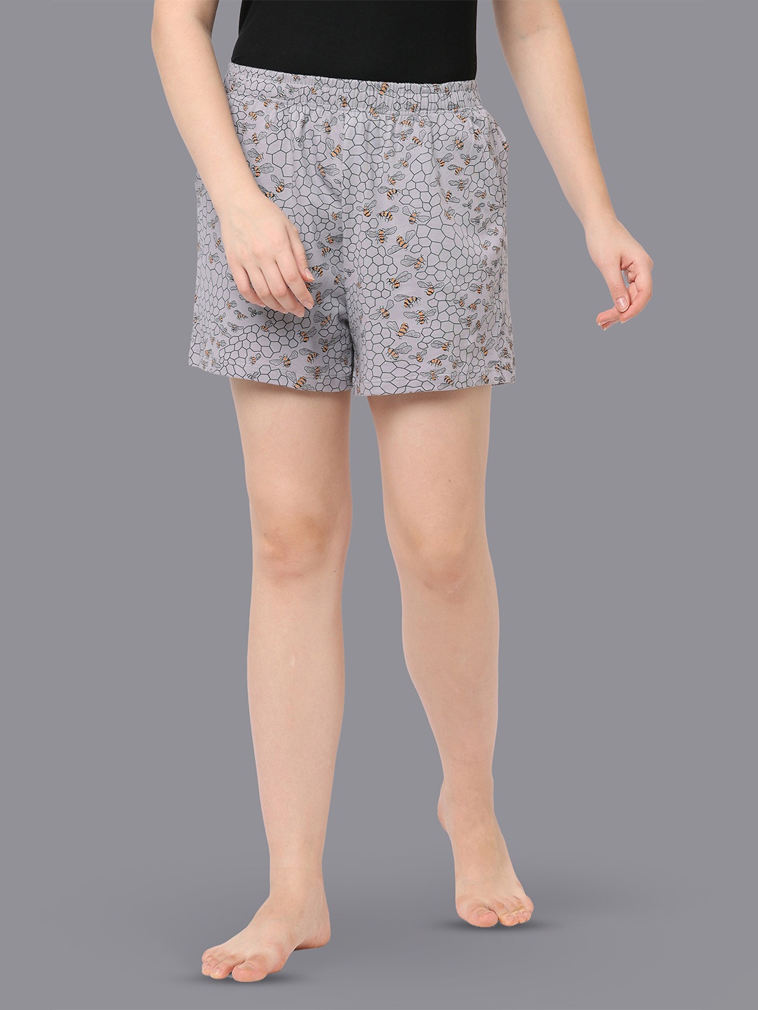 

LAASA SPORTS Women Conversational Printed Dri-FIT Relaxed Fit Cotton Regular Shorts, Grey