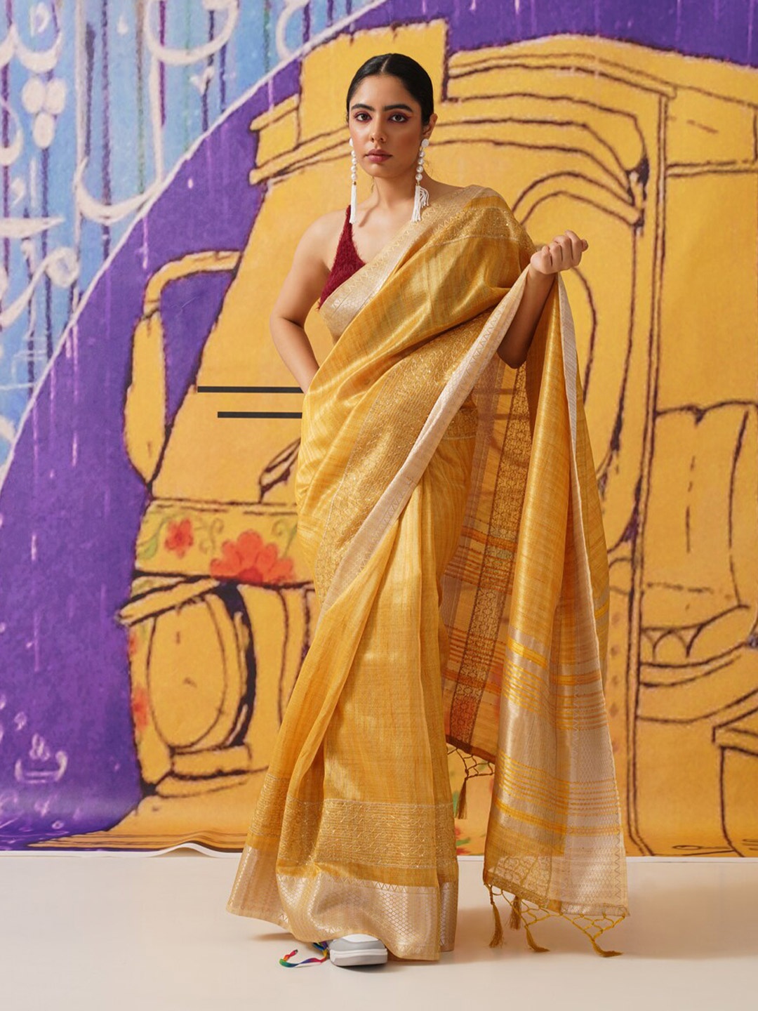 

Tikhi Imli Mustard Woven Design Zari Saree