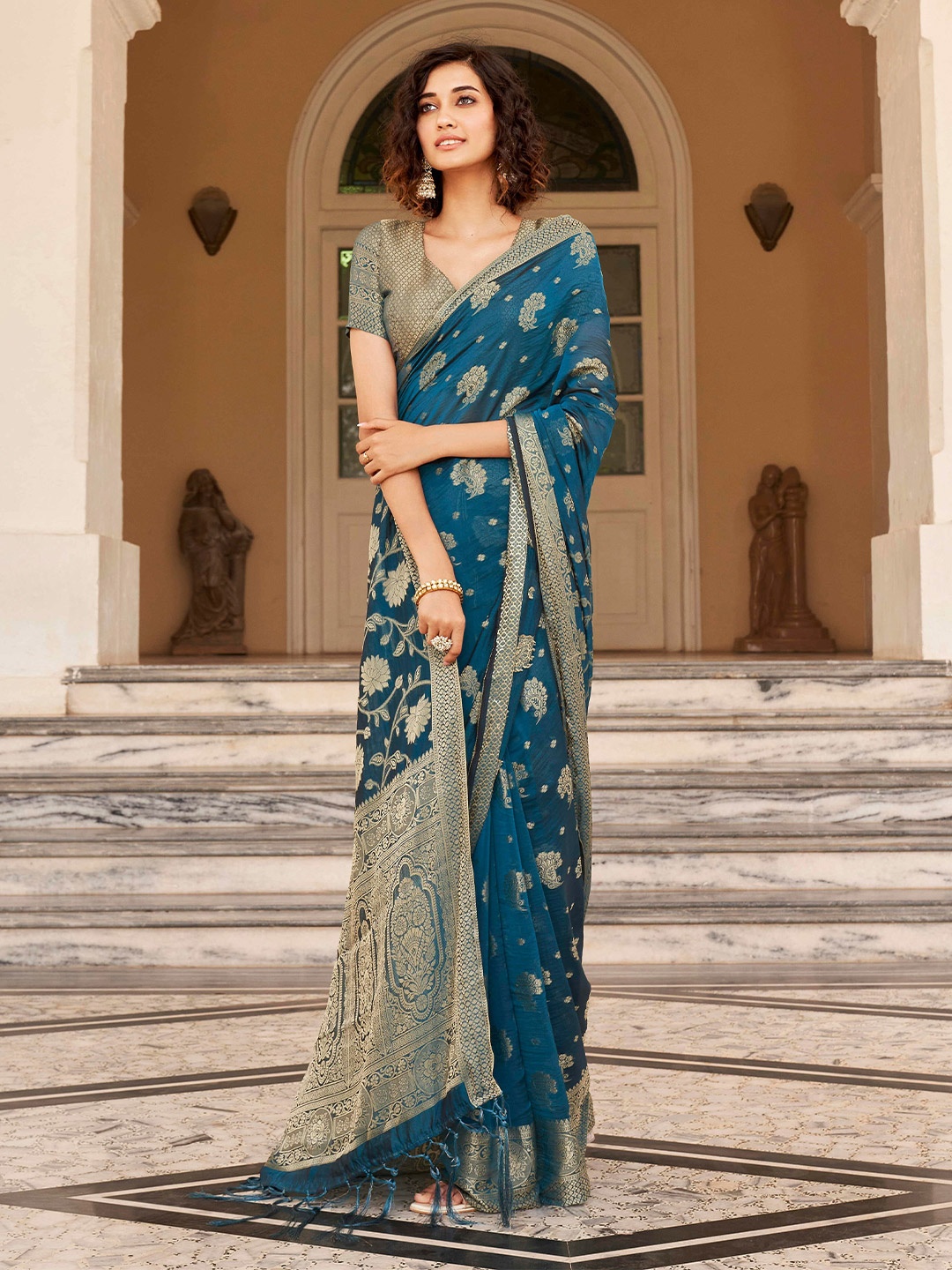 

Tikhi Imli Ethnic Motifs Zari Saree, Teal