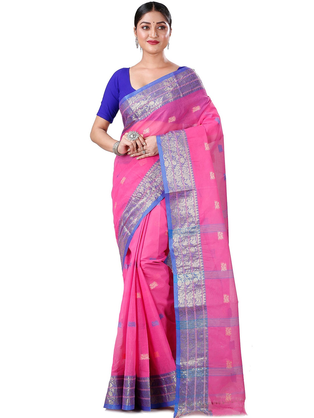 

Ruuprekha Ethnic Motifs Woven Design Zari Pure Cotton Taant Saree, Pink