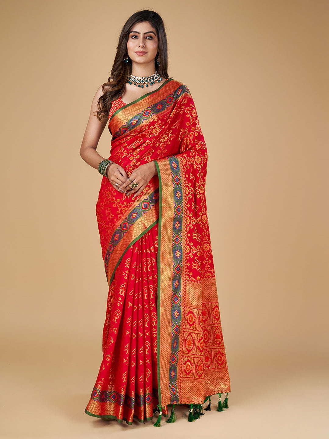 

Mitera Design Zari Silk Blend Designer Patola Saree with Tassels, Red