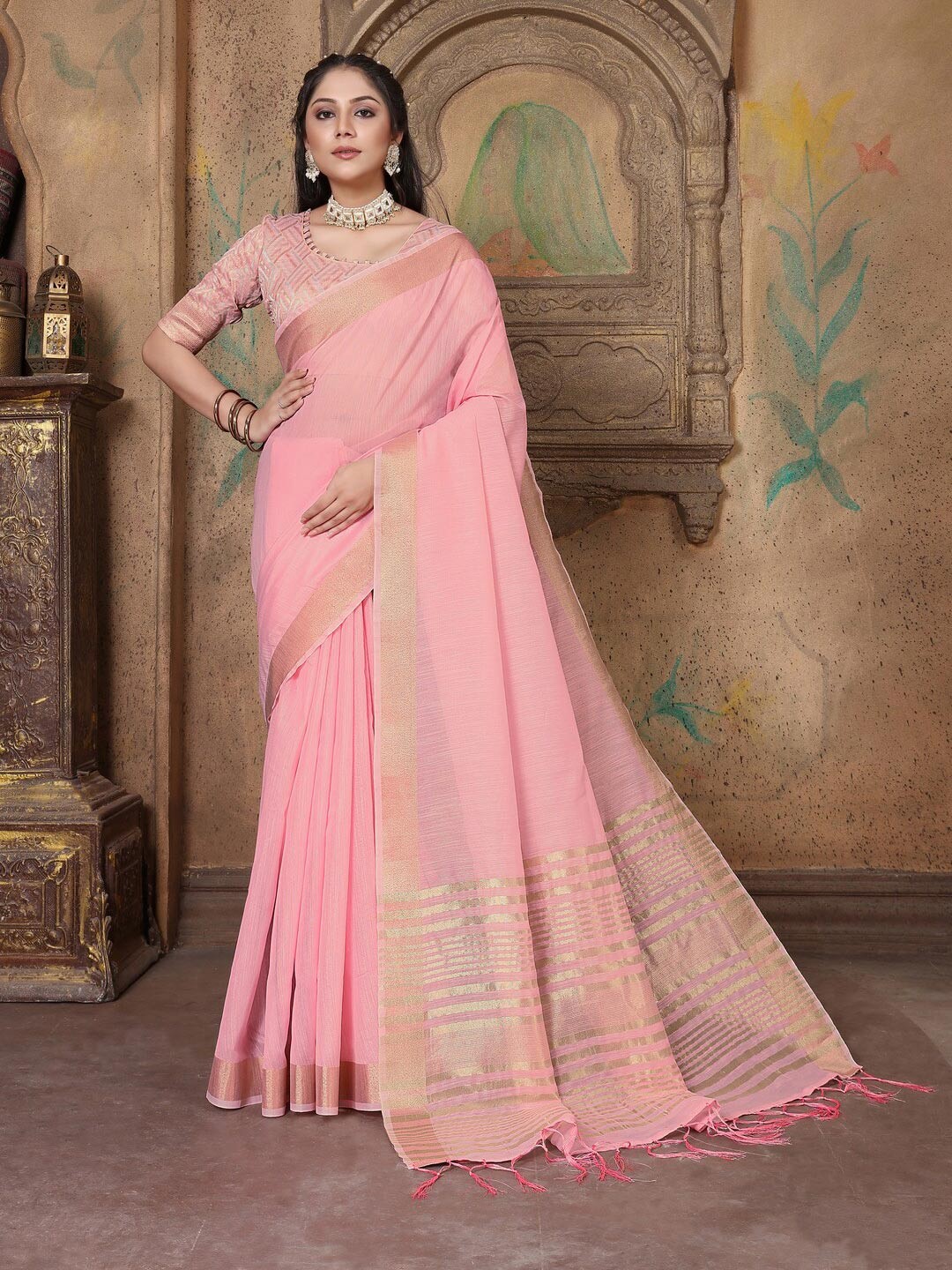 

GAJARAI Woven Design Zari Pure Linen Banarasi Saree, Pink