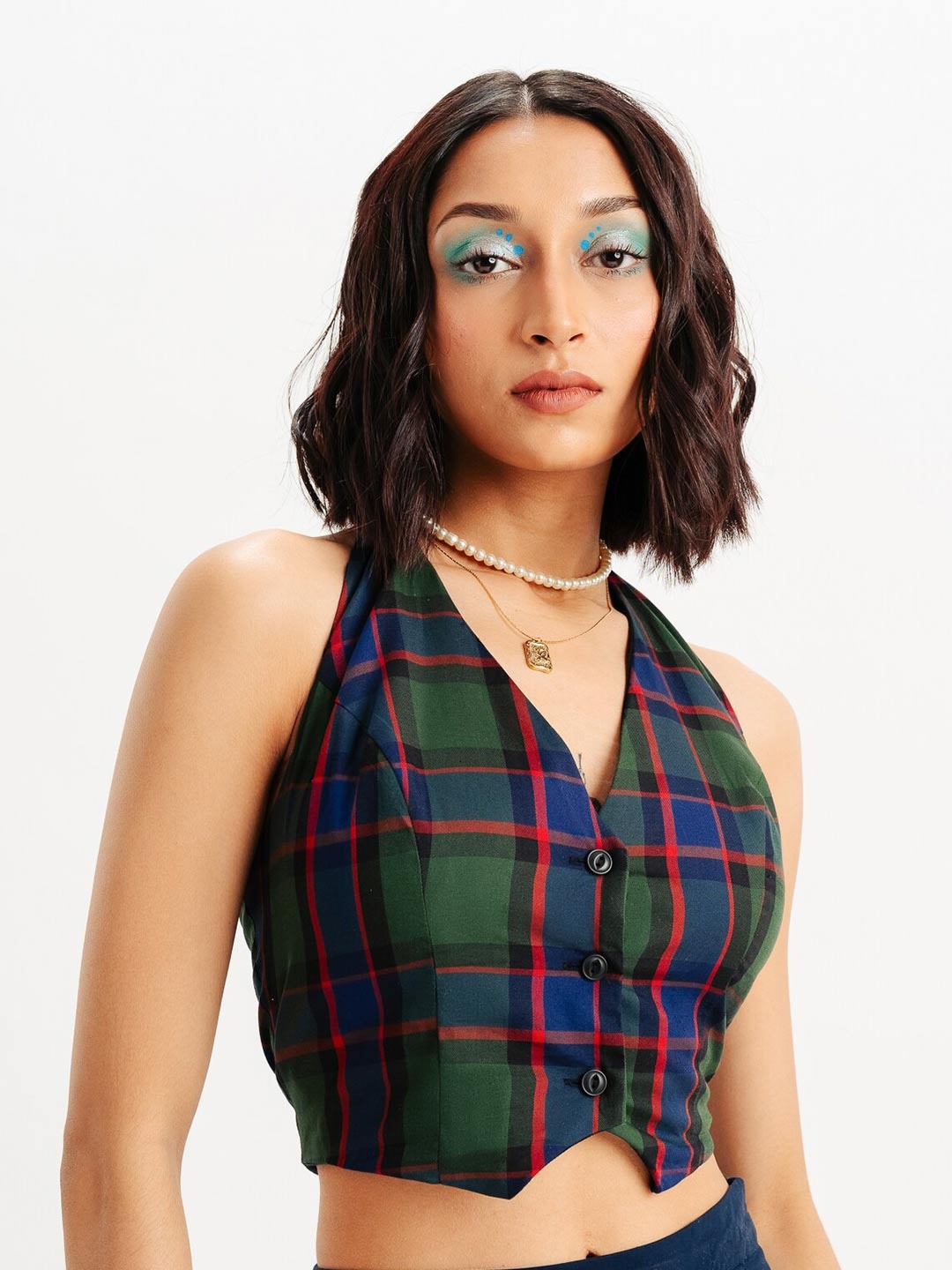 

FREAKINS Checked Cotton V-Neck Sleeveless Fitted Party Top, Red