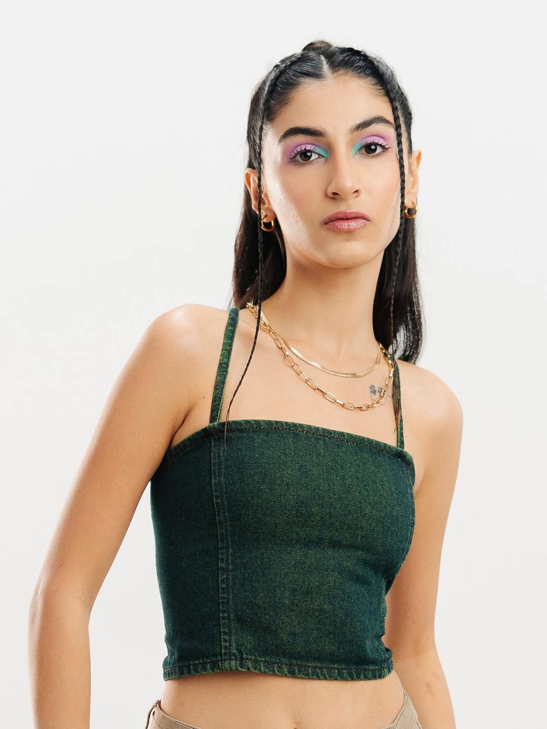 

FREAKINS Cotton Shoulder Straps Sleeveless Fitted Party Top, Green