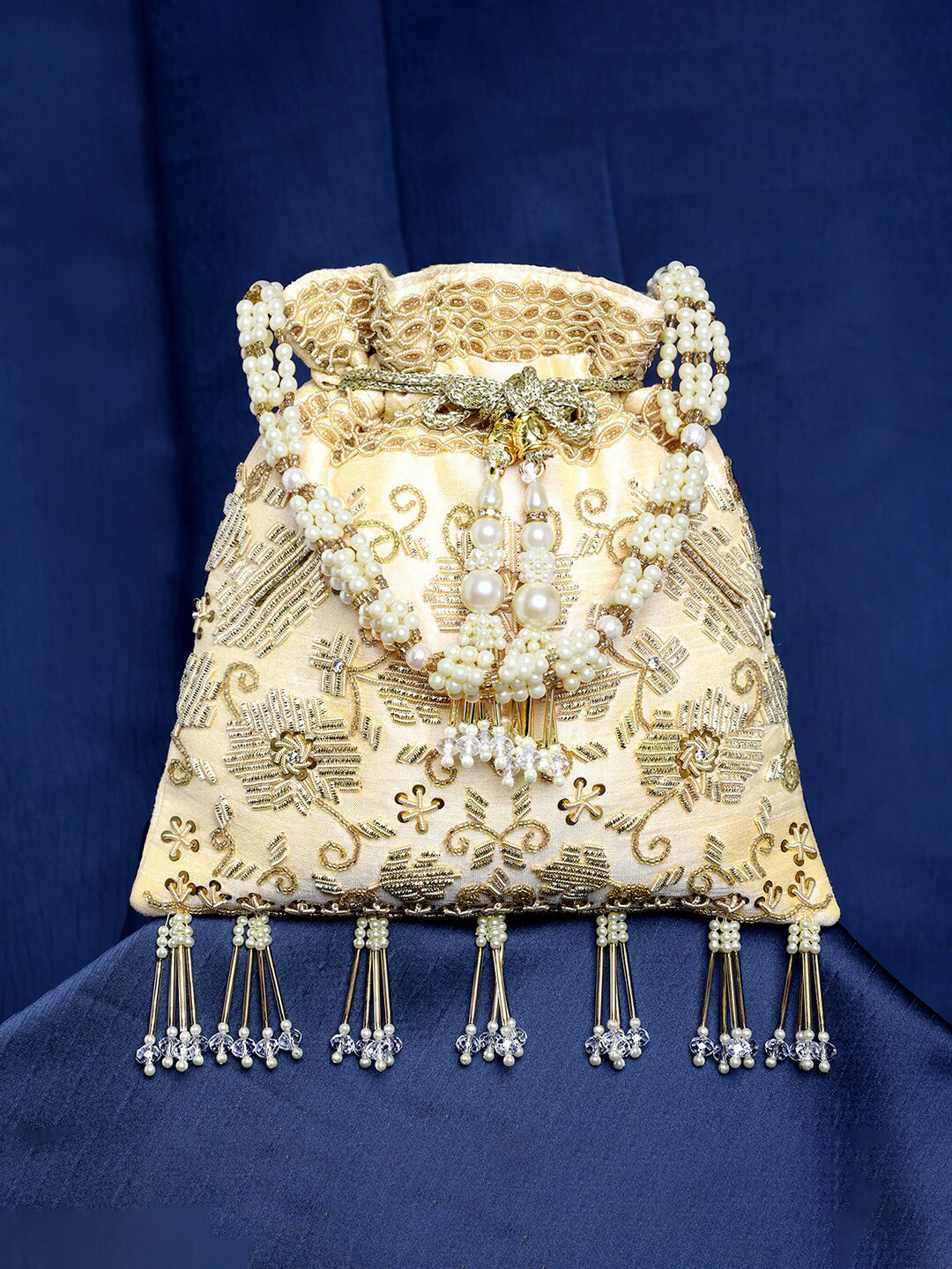 

Peora Ethnic Motifs Embroidered Potli, Cream