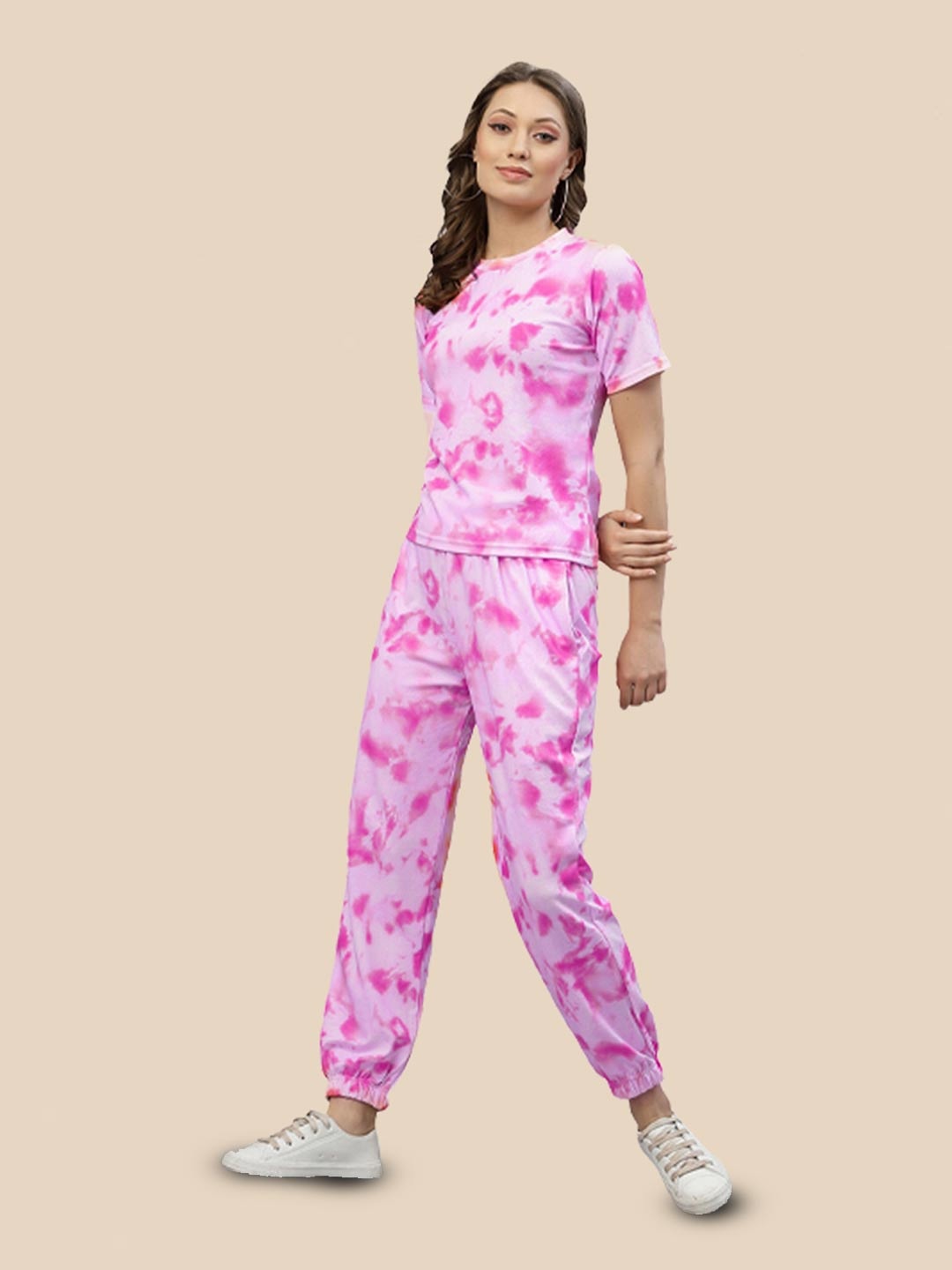 

N N ENTERPRISE Tie & Dye Printed Top & joggers Co-Ords Set, Pink
