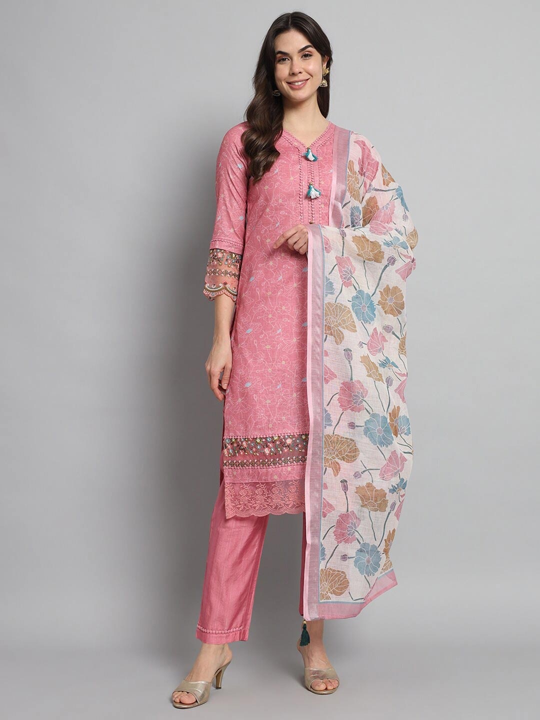 

KALINI Embroidered Regular Thread Work Linen Kurta with Trousers & With Dupatta, Peach