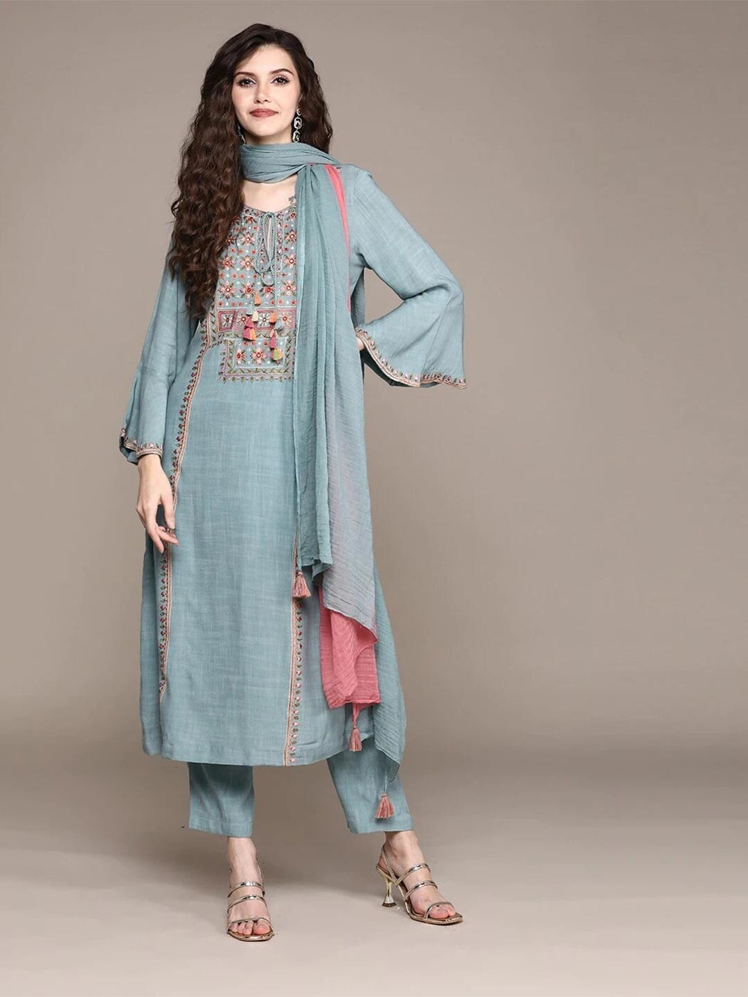

KALINI Embroidered Tie-Up Neck Straight Kurta & Trousers With Dupatta, Grey
