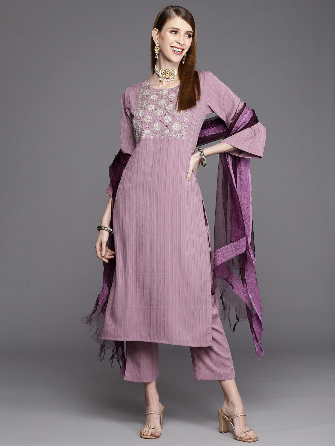 

KALINI Embroidered Round Neck Bell Sleeves Kurta & Trousers With Dupatta, Purple