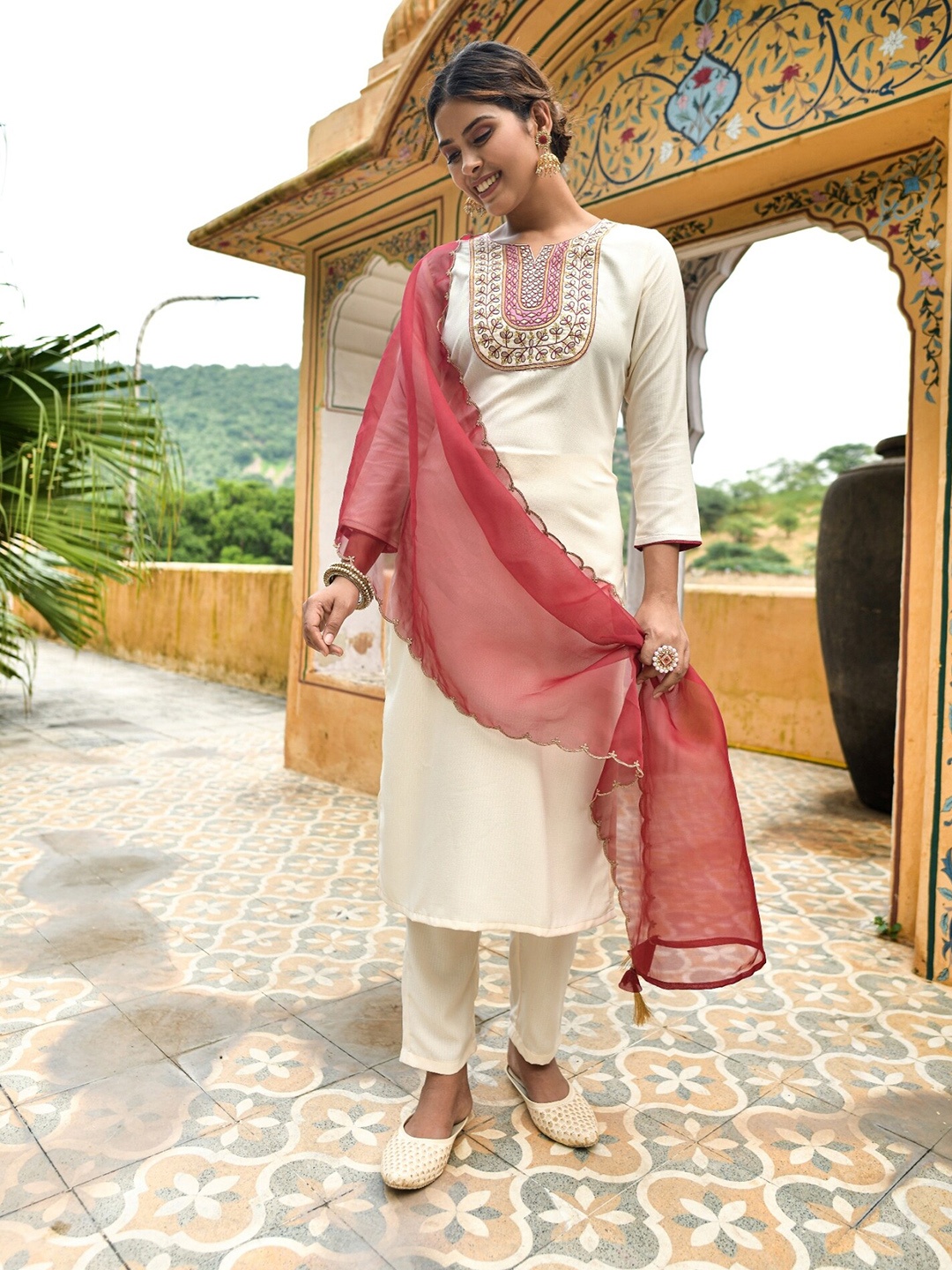 

KALINI Embroidered Notch Neck Straight Kurta & Trousers With Dupatta, White