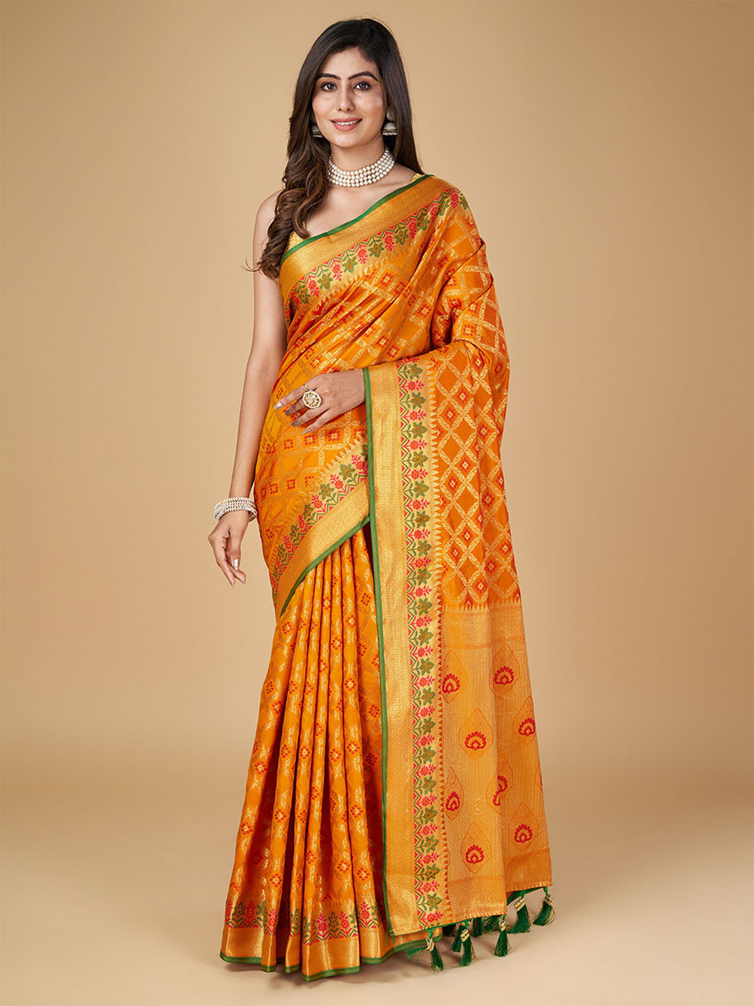 

Mitera Woven Design Zari Silk Blend Designer Patola Saree with Tassels, Orange