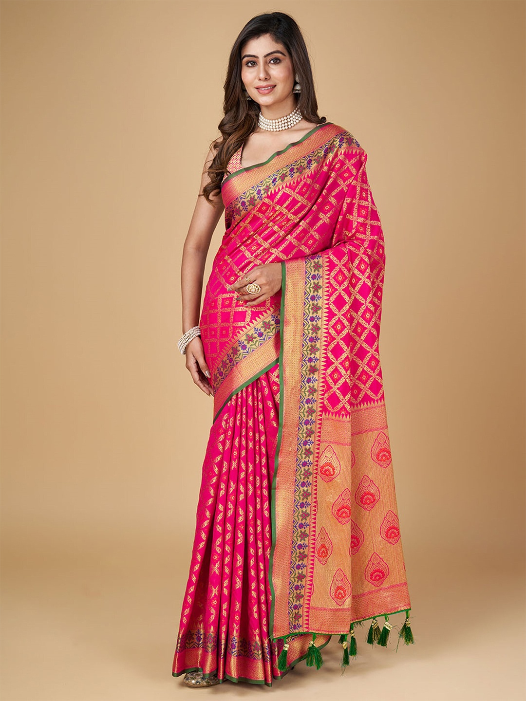 

Mitera Woven Design Zari Silk Blend Designer Patola Saree with Tassels, Pink