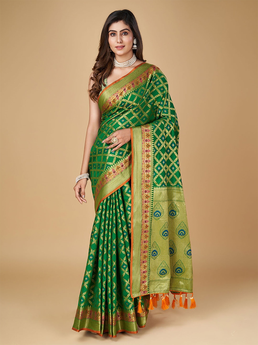 

Mitera Woven Design Zari Silk Blend Designer Patola Saree with Tassels, Green