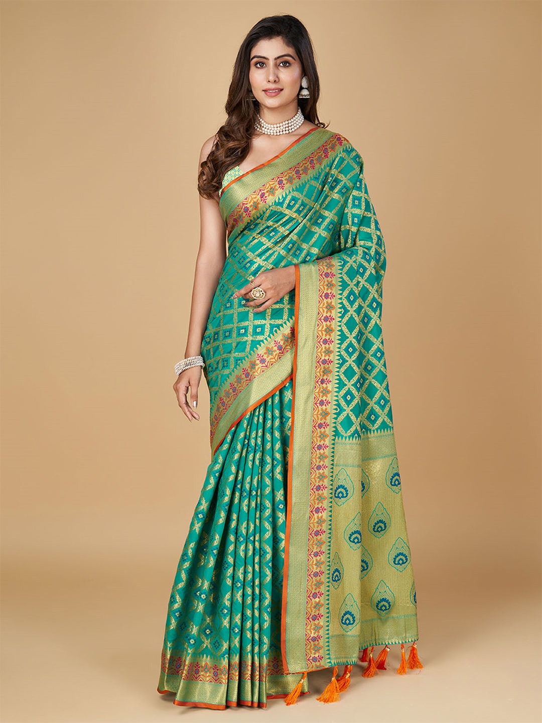 

Mitera Woven Design Zari Silk Blend Designer Patola Saree with Tassels, Teal