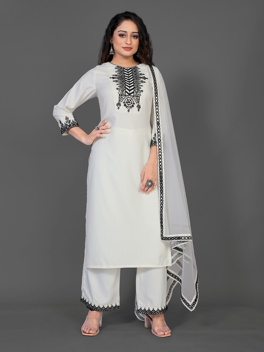 

KALINI Embroidered Round Neck Straight Kurta & Trousers With Dupatta, White