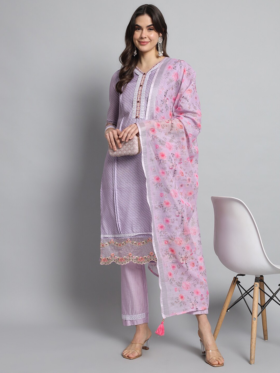 

KALINI Embroidered V Neck Straight Kurta & Trousers With Dupatta, Purple